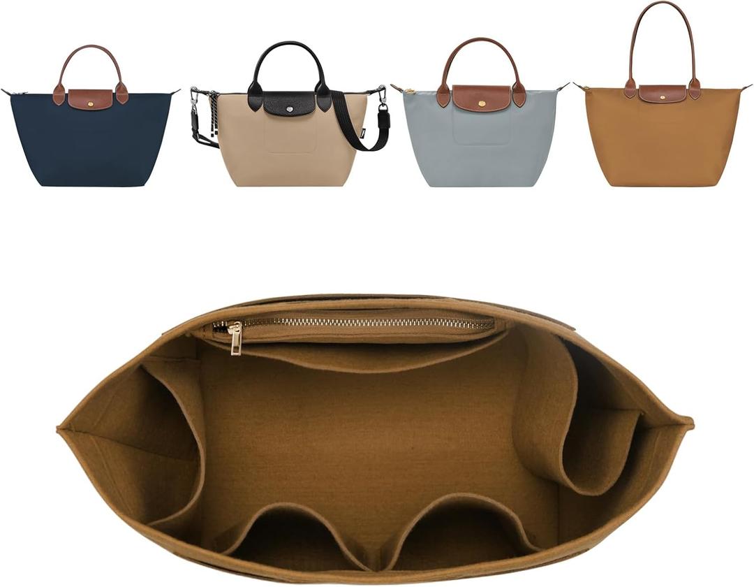 ZTUJO Purse Organizer Insert For Longchamp Le Pliage, Premium Felt Longchamp Purse Organizer Insert Small Medium Large, Tote Organizer Insert (Lighting Coffee, Small For Handle S)