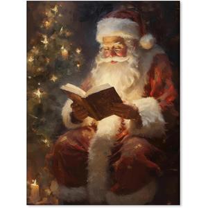 Vintage Christmas Canvas Wall Art - Santa Claus Reading Book Prints Pictures for Wall Decor - Christmas Posters Xmas Wall Decorations 12x16in Unframed for Home Office (16L" x 12W")
