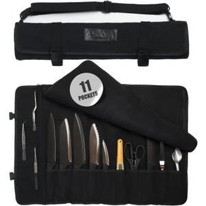 Asaya Waxed Canvas Chef Knife Roll Bag with 10 Slots and a Zipper Pocket - Professional Chef Knife Bag & Storage Case, with Shoulder Strap - Knives Not Included (Black)