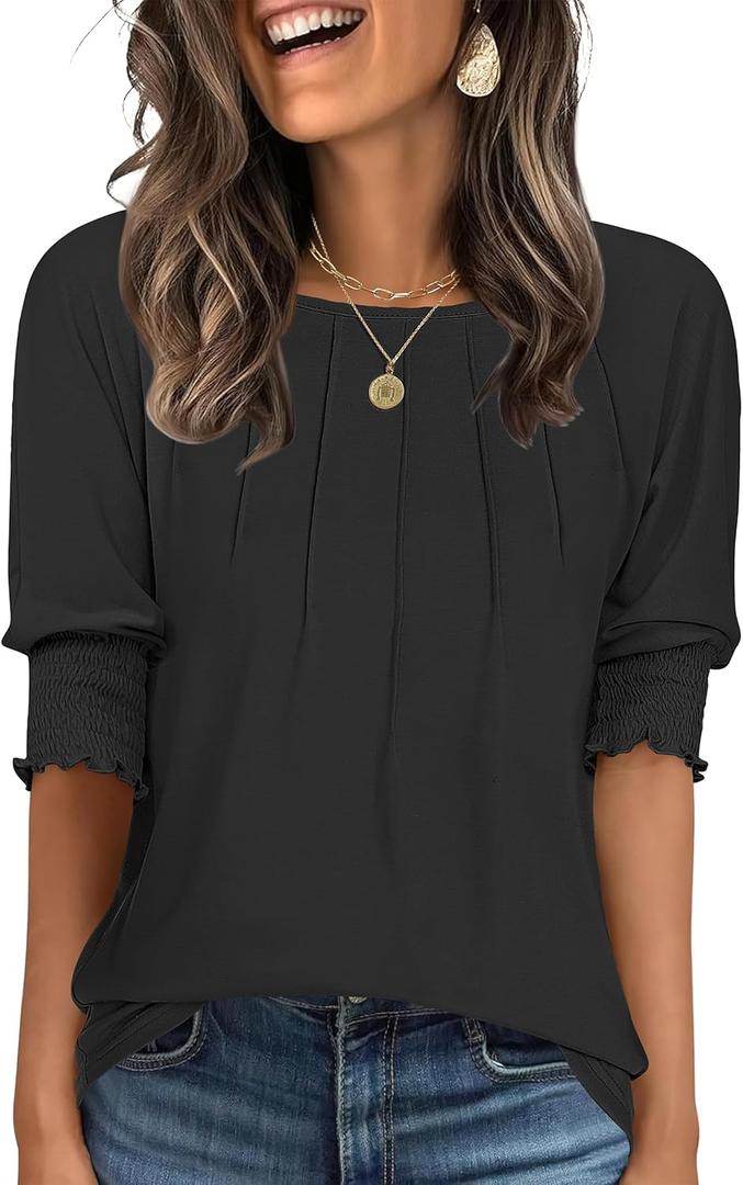 ANRABESS Womens Tops 3/4 Sleeve Crewneck Pleated Dressy Casual Shirts 2025 Summer Business Basic Tee Blouses Work Outfits Black XXL (Black, XXL)