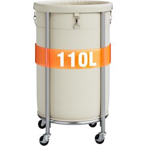 ELYKEN Laundry Hamper with Wheels, 110L Rolling Laundry Basket, Round Laundry Cart with Steel Frame and Removable Bag, 4 Casters and 2 Brakes, Dirty Clothes Hamper for Hotel, Home, Closet, Dorm, Cream (110L (16.5 x 30.3 Inches))