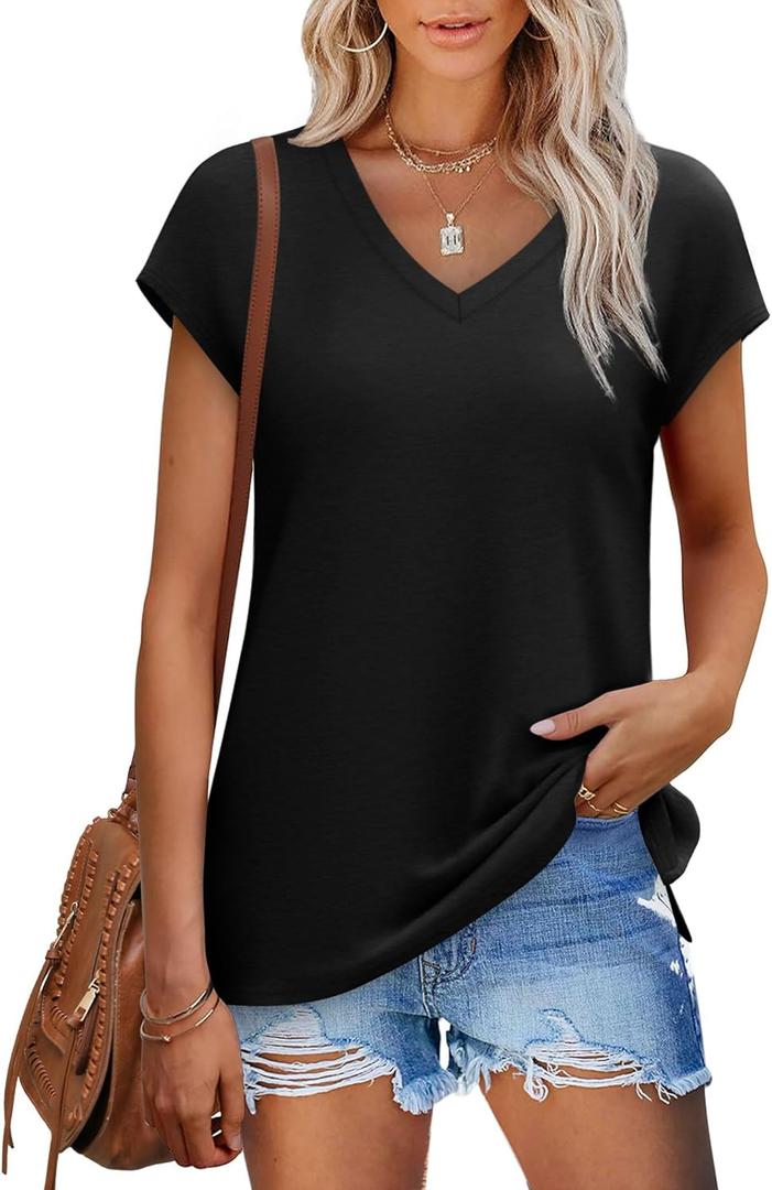 SAMPEEL Womens Summer Tops 2025 Cap Sleeve Trendy V Neck Loose Fit T Shirts (Black, L)