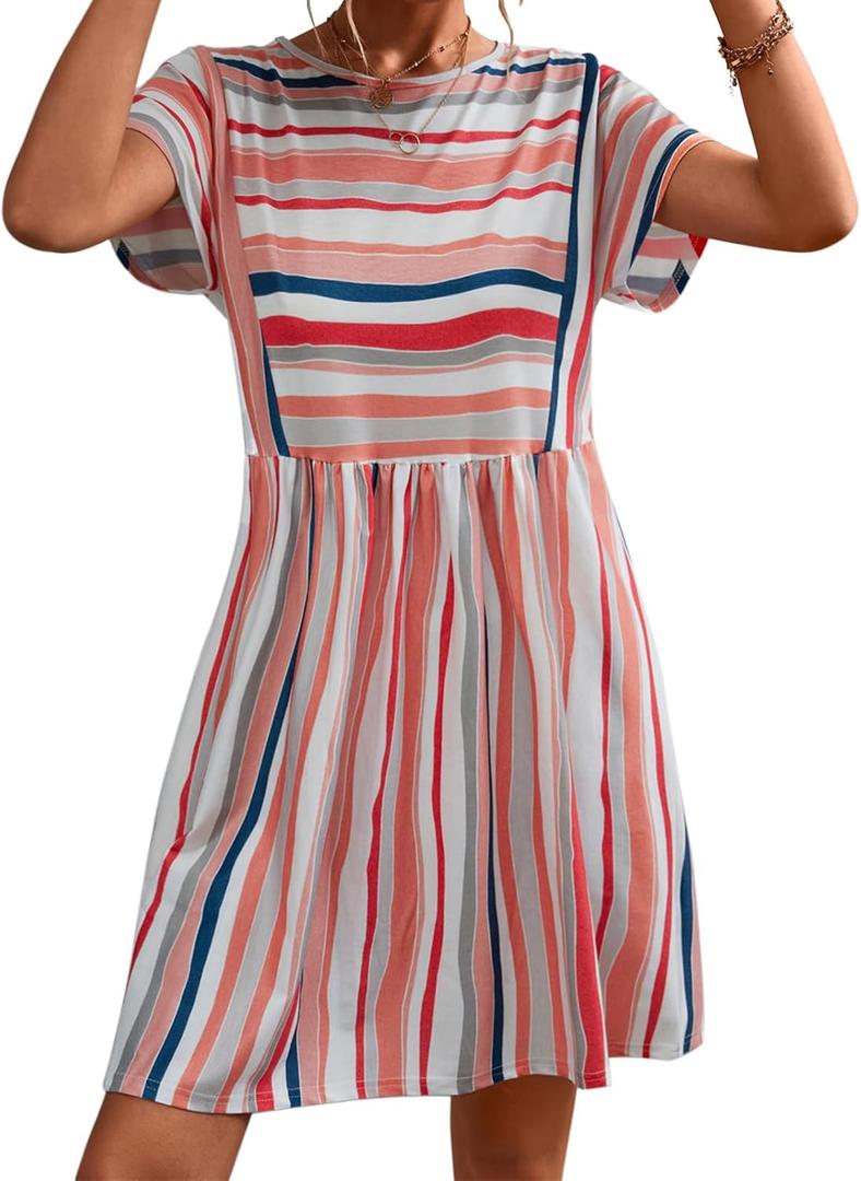 Womens Summer Striped Short Sleeve T-Shirt Dresses Casual Crew Neck Mini Dress Flowy Beach Sundress (XXL)
