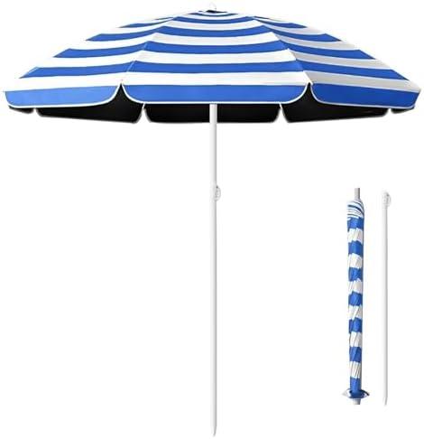Portable Beach Umbrella UV50+, Small Outdoor Patio Umbrella, Blue & White Striped Garden Parasol for Yard Pool