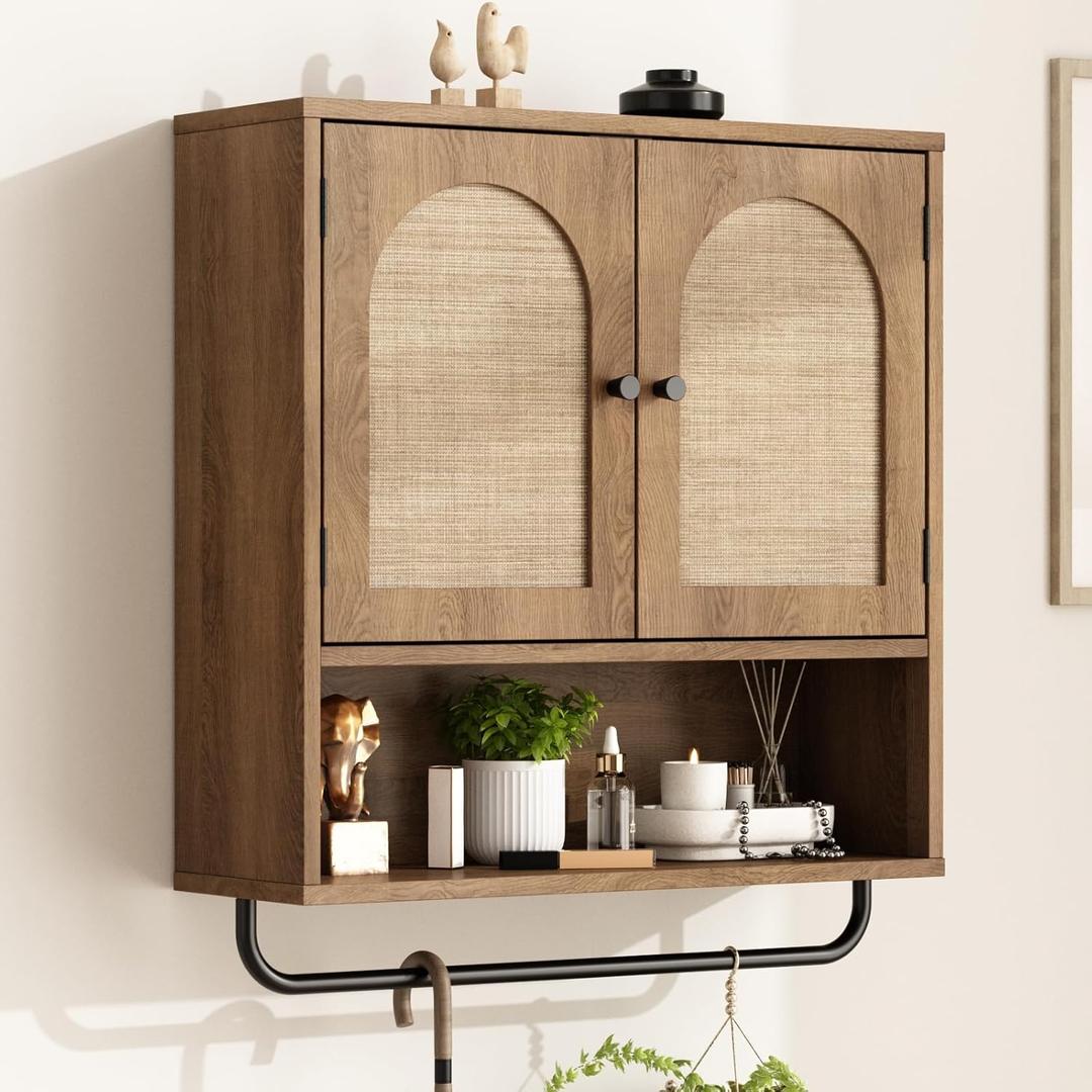RUSTOWN Rattan Bathroom Wall Cabinet, Boho Medicine Cabinet with 2 Arched Doors, Farmhouse Over The Toilet Storage Cabinets with Adjustable Shelves & Towel Bar, 3-Tier Wall Mounted Cabinets (Natural Oak)