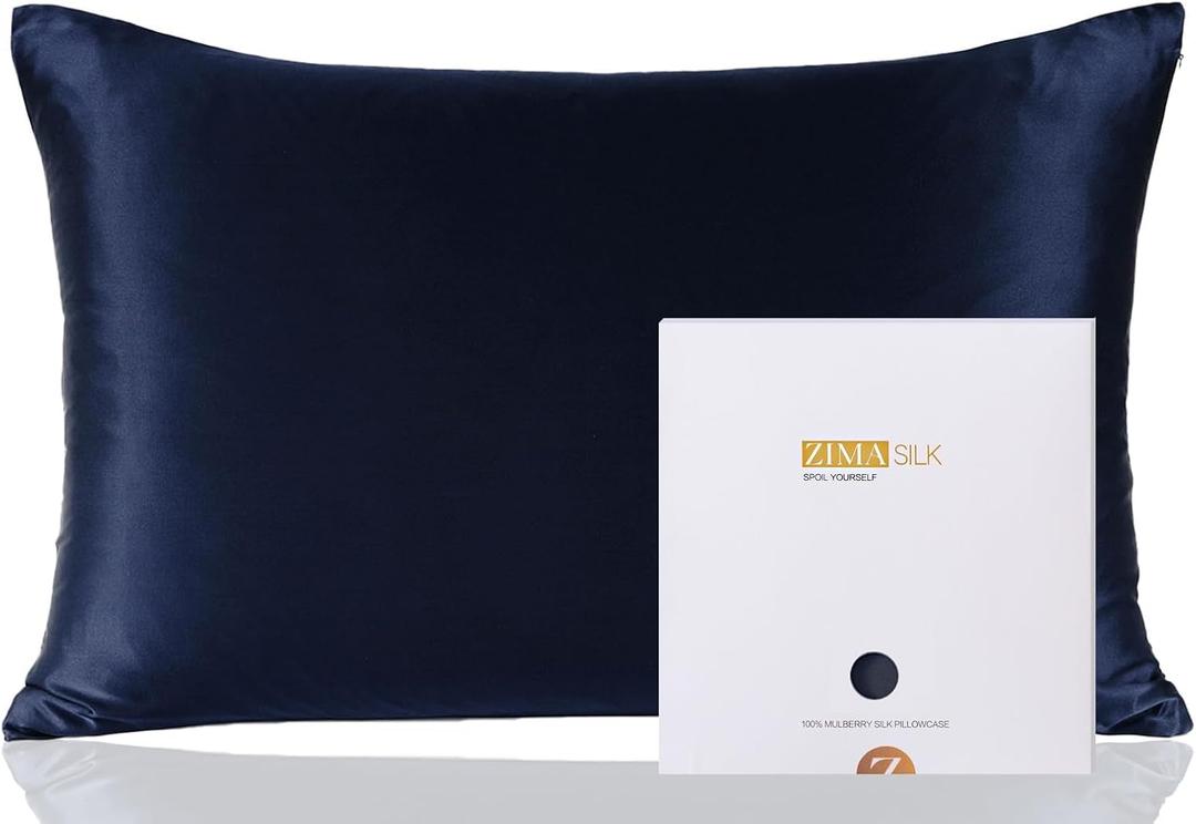 ZIMASILK 100% Pure Mulberry Silk Pillowcase for Hair and Skin Health,Soft and Smooth,Both Sides Premium Grade 6A Silk,600 Thread Count,with Hidden Zipper,1pc (Queen 20''x30'',Navy Blue)