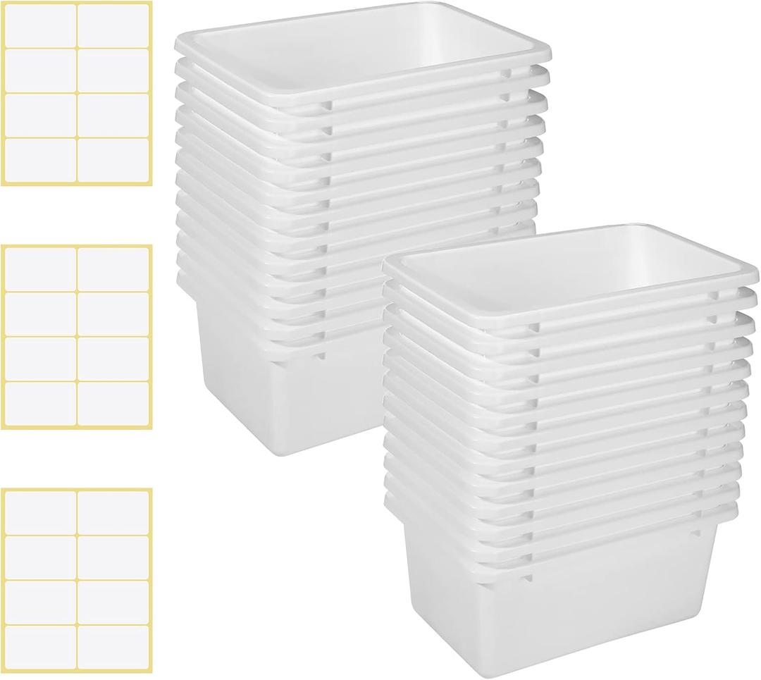 Outus 24 Pack Book Bins for Classroom Plastic Cubby Storage Bins Colored Kids Toy Organizer Container with 120 Pcs Self Adhesive Label for Student Teacher Library School Office Home(White)