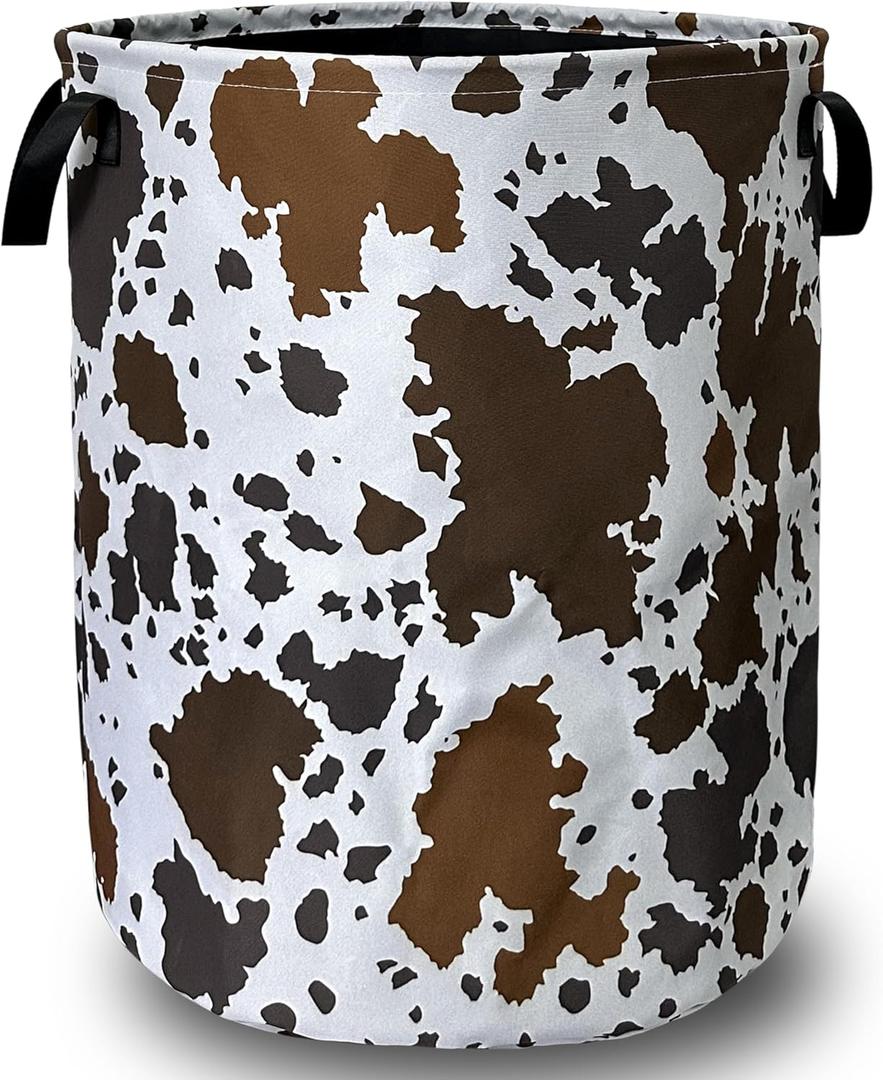 Cows Skin Brown Print Laundry Basket Foldable With Handles Tote Bag Oxford Cloth Animal Funny Laundry Hamper Clothes Storage Bucket Toy Organizer 18.9" x16.5" For Bathroom/Laundry/Bedroom