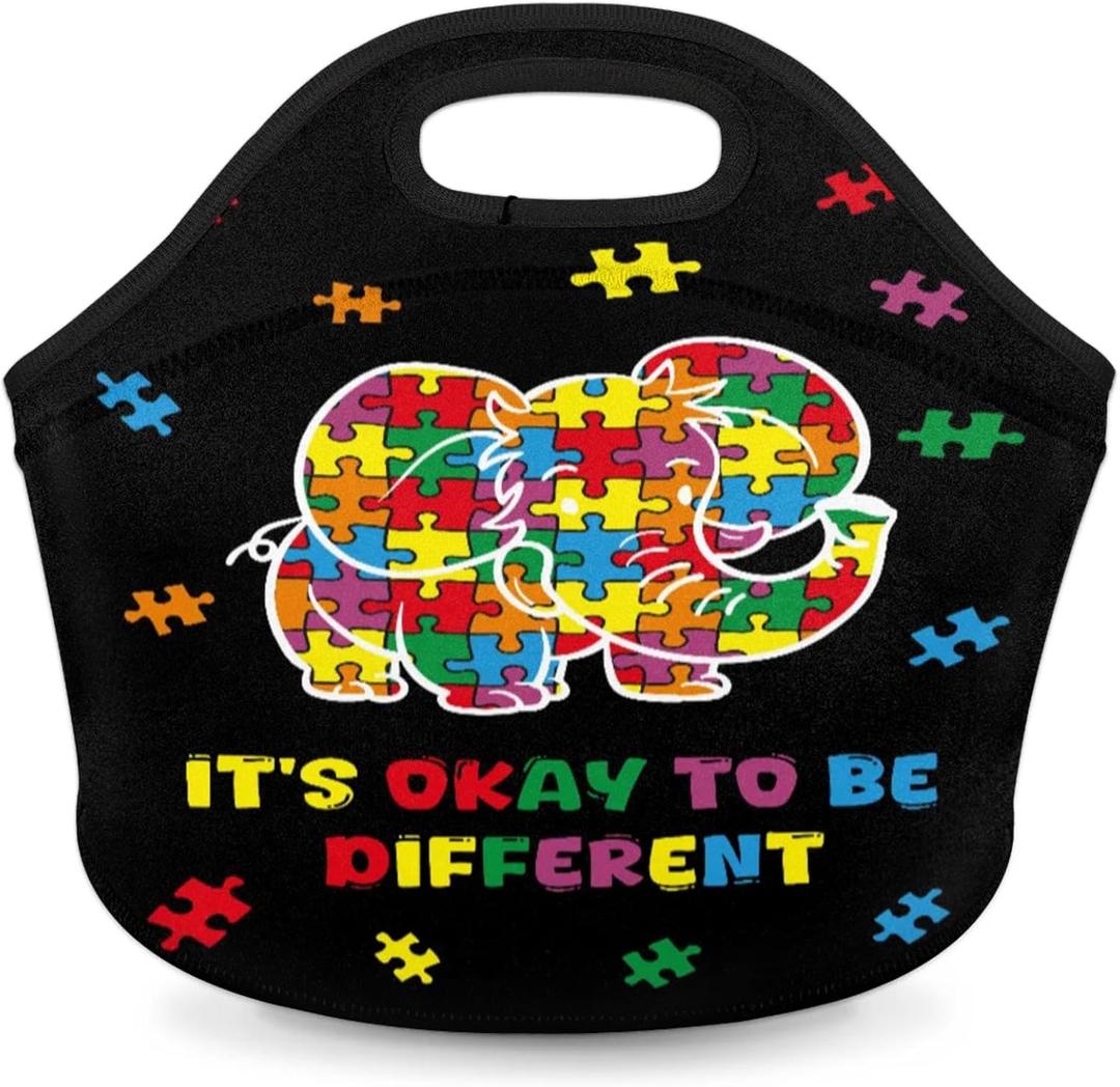 Kids Lunch Bag Neoprene Lunch Box Elephant Autism Awareness Reusable Waterproof Lunch Tote Organizer for Work Outdoor Travel Camp Picnic