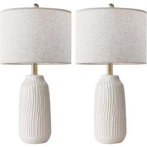 23 Inch Ceramic Table Lamp Set of 2, 3-Way Dimmable Bedside Lamps with Linen Shade for Bedroom Farmhouse, White Nightstand Lamps for Living Room Office, Polished Finish, LED Bulb Included
