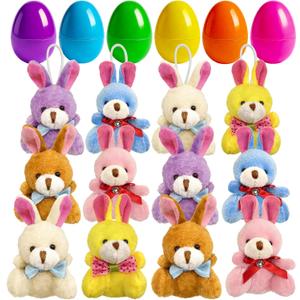 Abakuku 12 Pcs Prefilled Easter Eggs Plush Toy, 2.35in Bright Colorful Eggs Prefilled with Variety Plush Bunnies Easter Basket Stuffers Party Favors Gift Bags