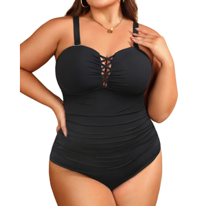 Women Plus Size One Piece Swimsuit - Tummy Control Bathing Suits Ruched Lace up Swimwear Bandeau Retro Swimsuits 2025, Size L