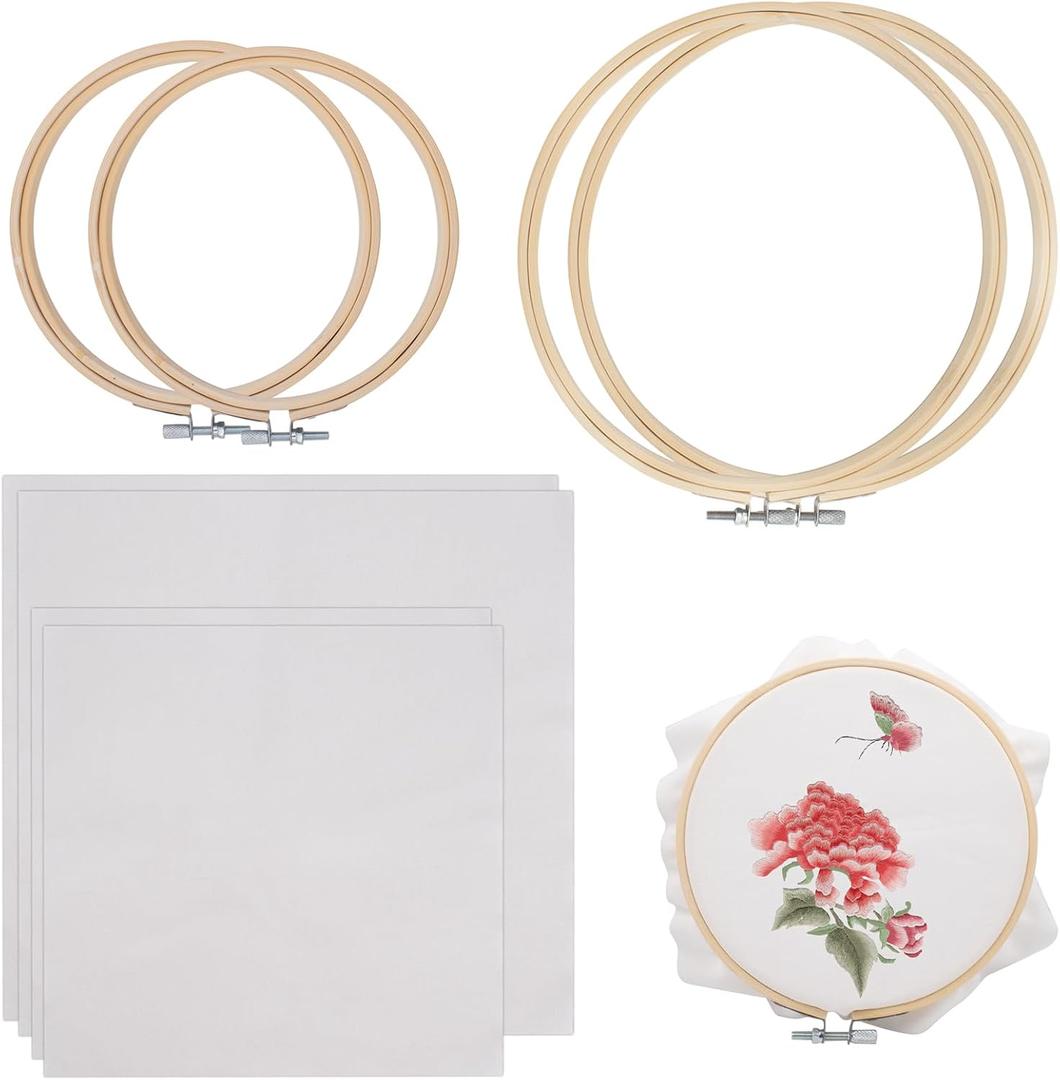 4 Set Embroidery Fabric with Frame Kit Including 4 Embroidery Hoops and 4 Pre-Cut White Cotton Needlework Cloth Fabric, 2 Sizes Cross Stitch Set for DIY Craft Sewing Ornaments