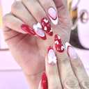 24Pcs French Tip Press on Nails with Charms Medium Length Fake Nails Almond Red White French Press on 3D Bow Design Glossy Heart False Nail Cute Stick on Nails Love Valentine's Nail Tips for Women