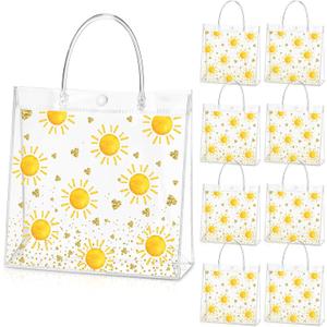 Hosuly 24 Pcs Boho Sun Clear PVC Gift Bags with Handle Button Reusable Yellow Sunshine Candy Treat Goodie Favor Bags for First Birthday Baby Shower Retro Summer Party Supplies