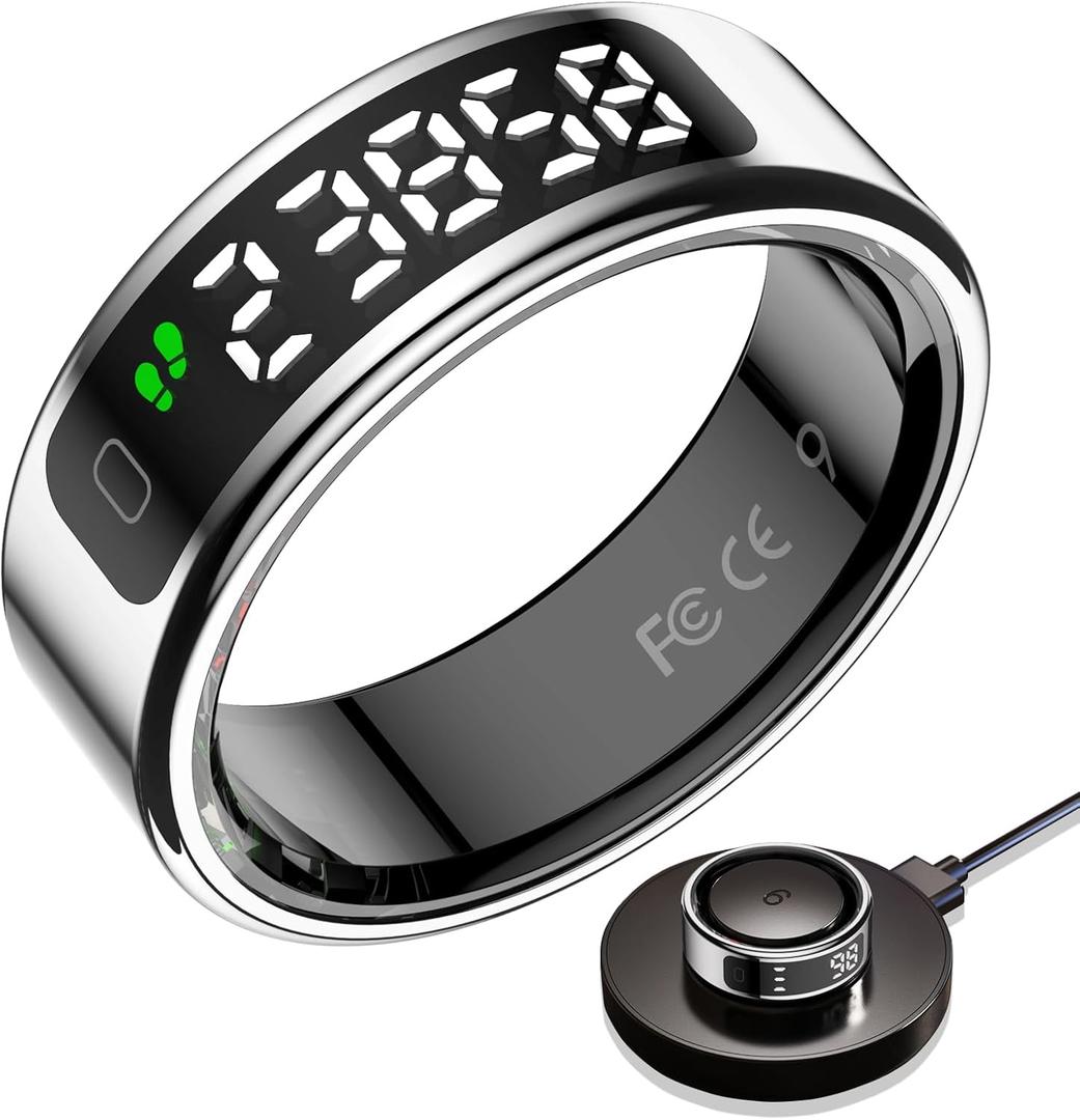 Smart Ring with LED Display Screen,Sleep&Fitness Tracking Wearable for Women/Men,Accurate Monitoring of Pedometer, Heart Rate,Blood Oxygen (R11, Silver, 9)