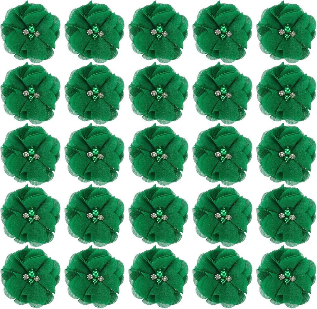 PATIKIL 2" Chiffon Flowers, 30Pcs Fabric Flowers Sewing Appliques Embellishments with Rhinestone Pearl for DIY Crafts Wedding Headbands Party Decoration, Green