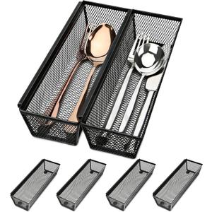 Smgmg Silverware Drawer Organizer, Silverware Organizer for Drawer, 6 Pack Utensil Organizer for Kitchen Drawers, Kitchen Drawer Organizer for Large Utensils with Interlocking Arm (9.6 * 3 * 2 inch) (Black)