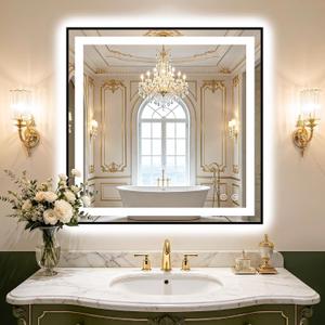 Led Bathroom Mirror with Light, 30x30 Bathroom Vanity Mirror for Wall with Frame, Anti-Fog, Dimmable 3 Colors, Memory Function, Backlit and Front Lit, Shatter-Proof Glass, Plug-in/Hardwired Black Frame, 30"L x 30"W