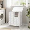 WOWLIVE Laundry Basket with Wheels, Heavy Duty Laundry Hamper with Wood Lid, Clothes Hamper with Divided Removable Liner Bag, Large Capacity Iron-Made Laundry Sorter Laundry Room Organization (White)