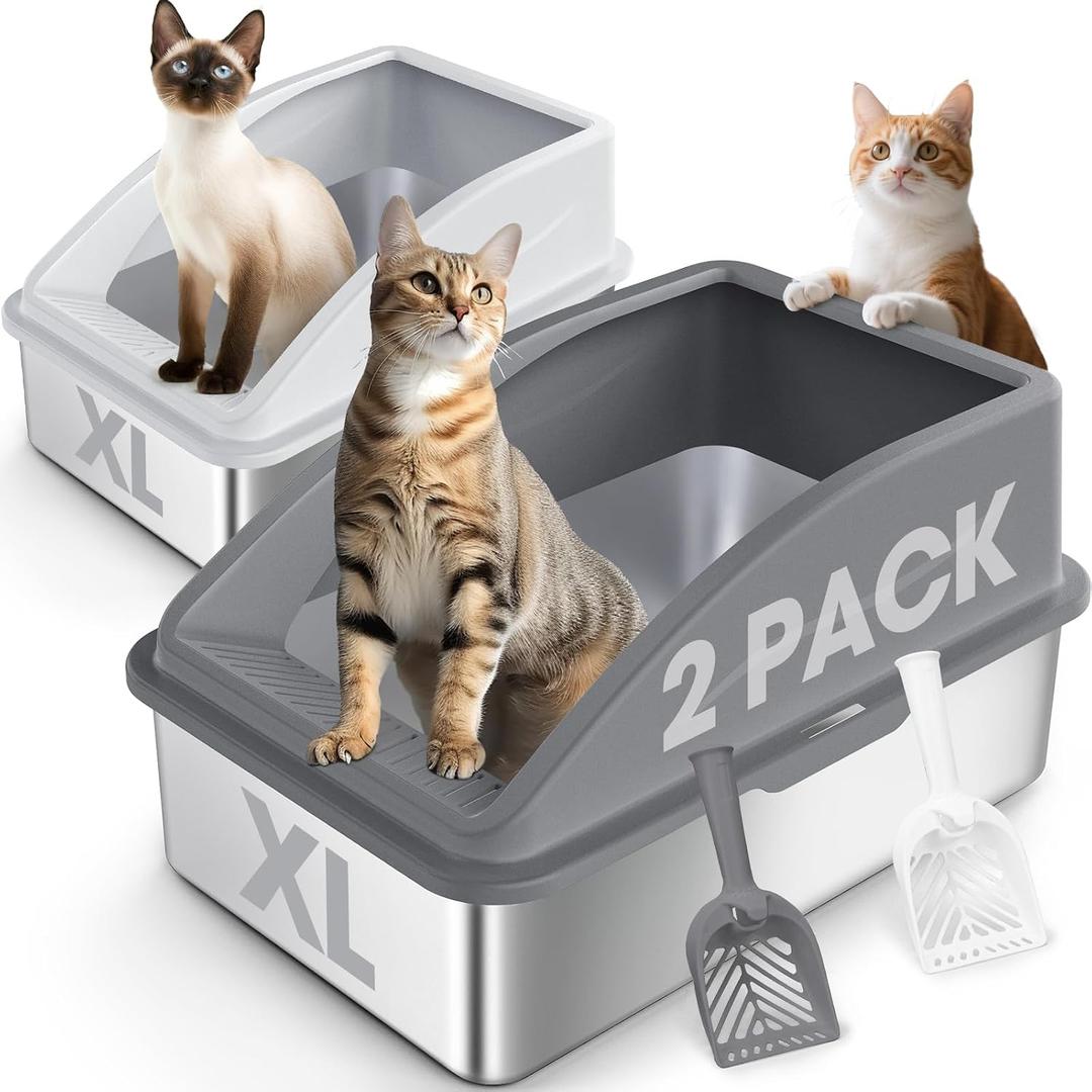 AIPERRO 2 Pack Stainless Steel Litter Box | XL Enclosed Cat Litter Boxes with Lid for Big Cats and Multi-Cats | High Sided, Anti-Urine Leakage | Non-Stick BottomMulti-Colored