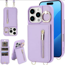 Jcxtrombulous Crossbody Wallet Case for iPhone 16 Pro Max with Lanyard Strap Card Slot Holder RFID Blocking Ring Kickstand,Magnetic Flip Folio Zipper Purse Case, PU Leather Cover Handbag,Purple