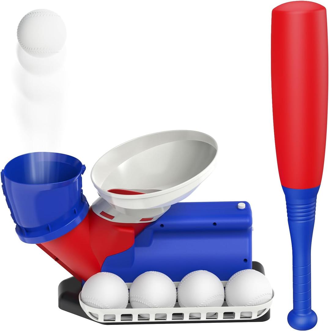 Automatic Baseball Pitching Machine for Kids, Baseball Hitting Trainer with Bat & 4 Balls, T Ball Launcher Training Equipment, Outdoor Indoor Sports Toy Gift for Boys Girls 6+