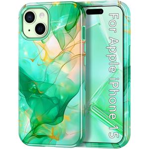 CASEFIV Compatible with iPhone 15 Case,Marble Pattern 3 in 1 Heavy Duty Shockproof Full Body Rugged Hard PC+Soft Silicone Drop Protective Women Girls Cover for iPhone 15, Mint Green