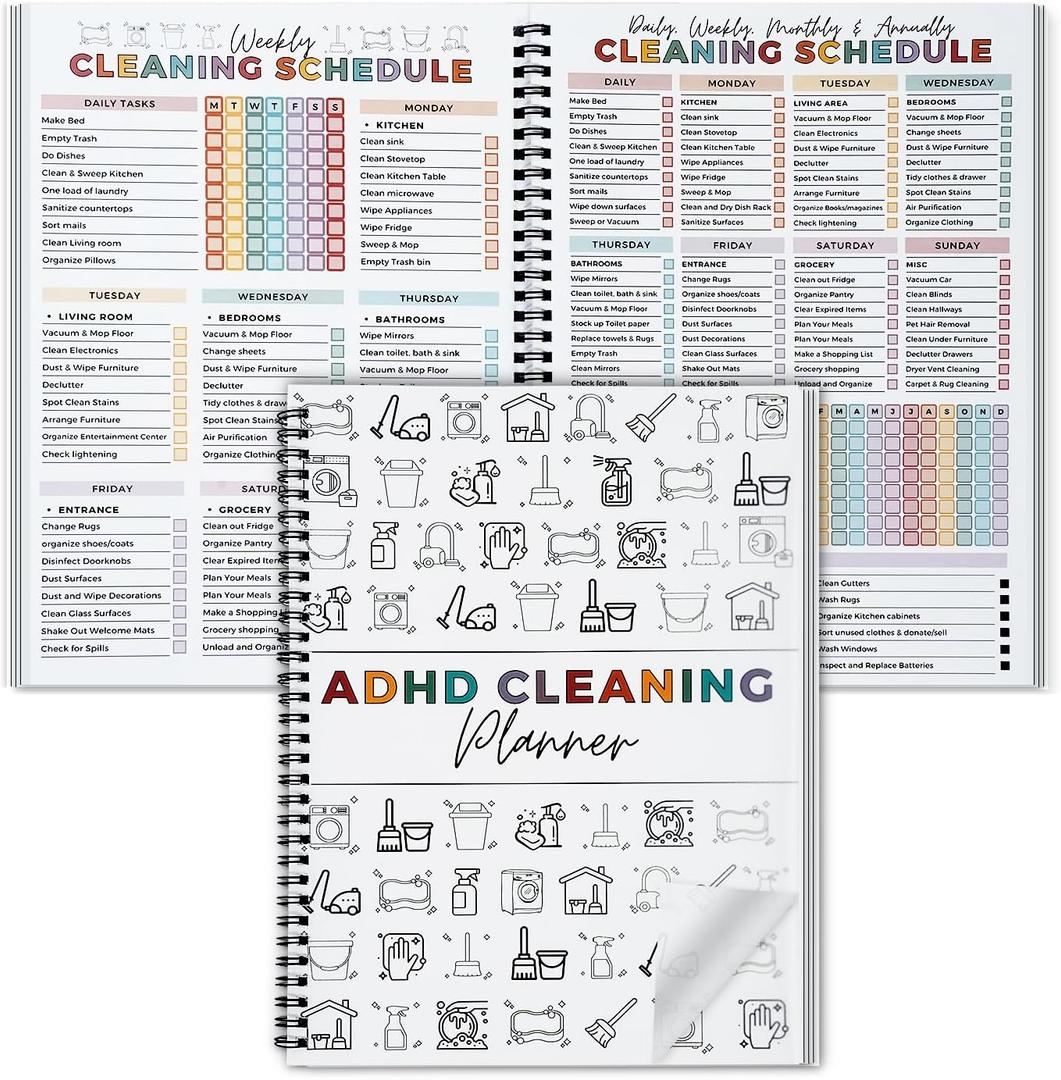 Cleaning Planner, Cleaning Schedule and Checklist Organizer, Daily Weekly Monthly Household Cleaning Planner, Chore Chart Notebook for Home, Family Cleaning Tasks, DIY Home Improvement, Editable Template (1 Pack, White)