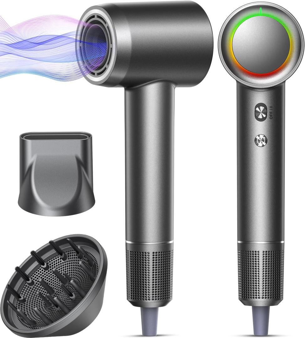 Hair Dryer - 1 Min Fast Drying, High-Speed Blow Dryer with 500 Million Negative Ions, No Heat Damage, Low Noise, Lightweight, Professional Hairdryer with Diffuser & Nozzle for Women, Gunmetal
