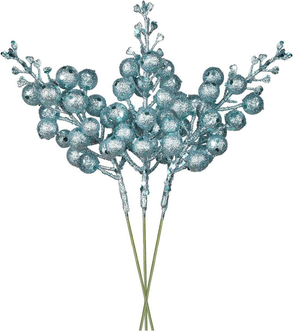 Red Berries, 14 Pack Artificial Berry Stems for Christmas Tree Decorations, Crafts, Holiday and Home Decor, 7.9 Inches (Light Blue)