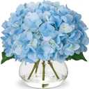 Hollyone Hydrangea Artificial Flowers with Vase Blue Silk Fake Flowers Arrangements in Glass Vase with Faux Water Faux Floral Bulk Bouquet for Home Decor Bathroom Table Centerpiece Shelf Decorations
