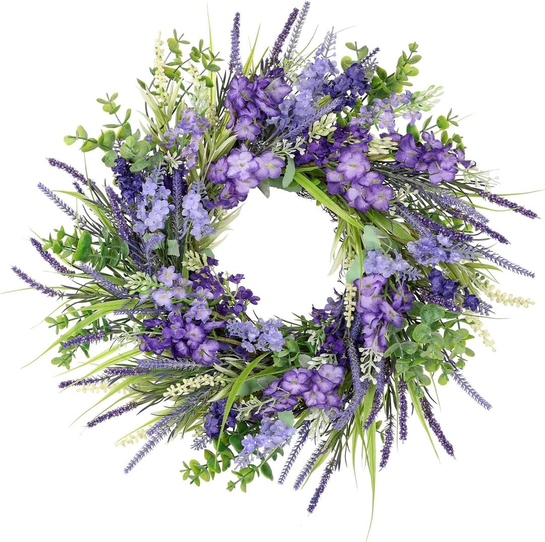 Briful Purple Spring Wreath for Front Door, 17.7'' Realistic Lavender Wildflowers Artificial Wreaths, Summer Holidays Decor, Farmhouse Home Wall Mantle Decorations