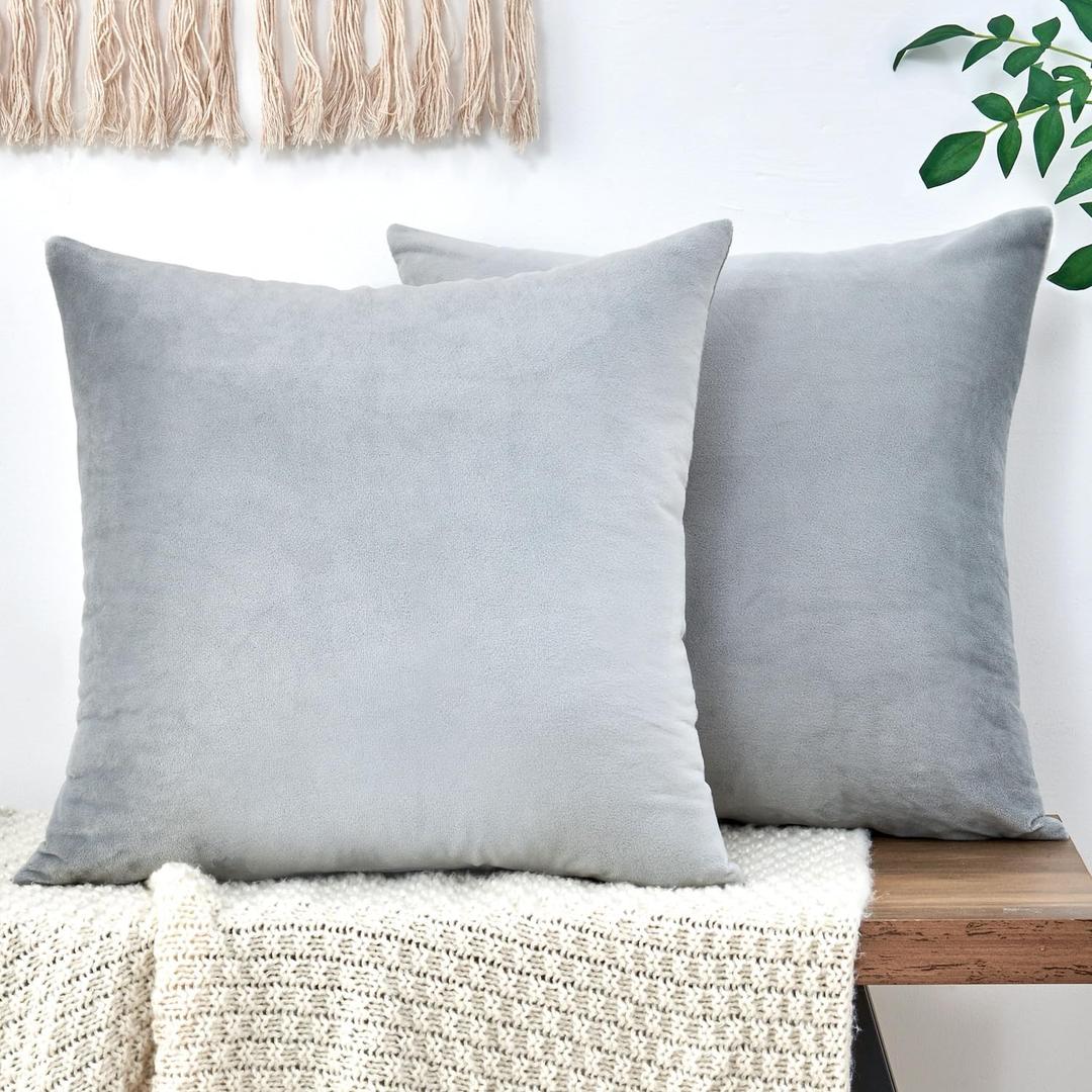 Throw Pillow Covers Grey Decorative Velvet Set of 2 18x18 Inch Pillow Covers, Soft Neutral Gray Pillowcases for Couch Sofa Bed Living Room, Farmhouse Boho Decor, Square Accent Cushion Covers