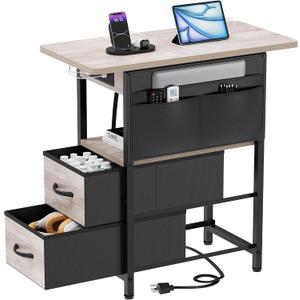 Yenlure Small Side Table with Charging Station, Narrow Nightstand Bedside Tables with Storage Pocket for Living Room Bedroom, Sofa End Table with USB Ports and Power Outlets for Small Spaces, Greige, 23.6 inches x 11 inches x 26.8 inches