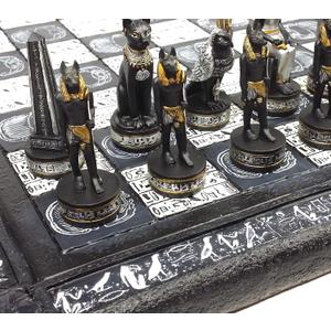 Egyptian Anubis Chess Set Black Silver and Gold Men with 16" Hieroglyphic Board