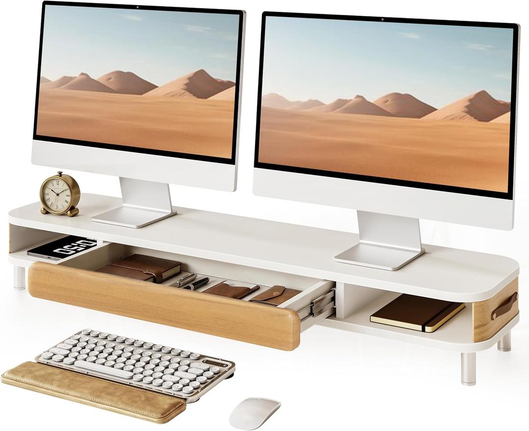 Fenge Dual Monitor Stand with Large Storage Drawer, 42.5" Desk Shelf, White
