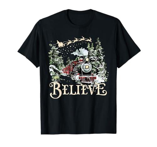 Believe Christmas Trains Xmas Santa Family Pajamas Holiday T-Shirt, S