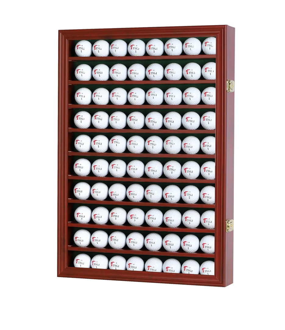 DisplayGifts 80 Golf Ball Display Case Cabinet Wall Rack Holder Solid Wood Frame with 98% UV Protection Lockable Acrylic Door, Wall Mounted or Stand Great Golfer's Gift