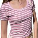 Verdusa Women's Coquette Striped Crop Tops Scoop Neck Short Sleeve Fitted Summer T Shirt (S)