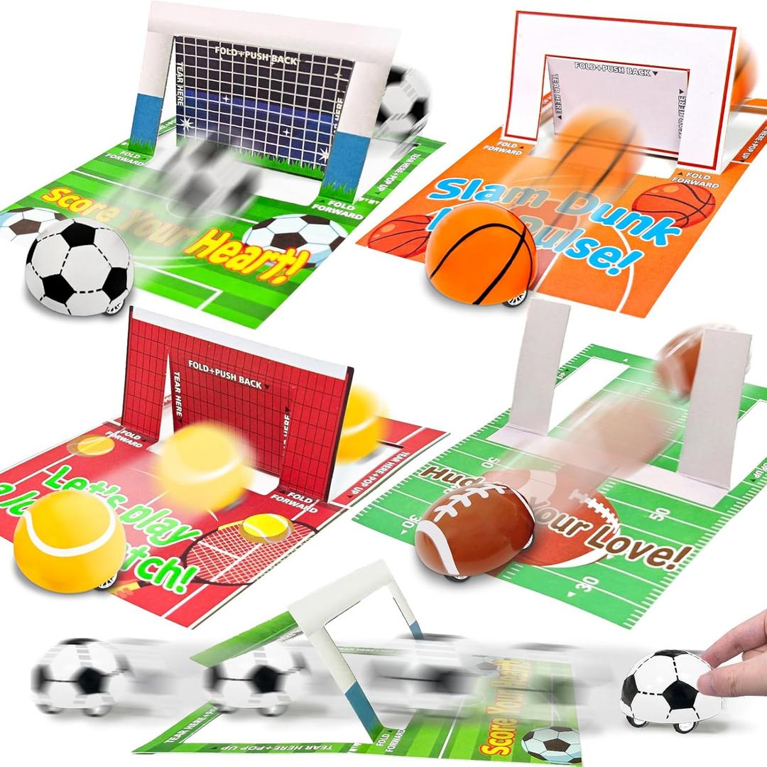 3D Goals Cards as Race Track & Pull Back Cars, 28 Pack Valentine Gifts for Kids Toddlers Tabletop Sports Games Soccer Football Basketball Tennis Toys for Valentines Exchange School Prizes Party Favors