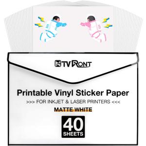 HTVRONT Printable Vinyl for Inkjet Printer & Laser Printer - 40 Pcs Matte White Inkjet Waterproof Printable Vinyl Sticker Paper, 8.5"x11"