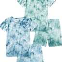 Jimonda Kids Soft Rayon From Bamboo Sleepwear Short Sleeve Boys Girls Pajama Outdoor 4-Piece tops&shorts Casual sets Tie PJ (11-12 Years, Blue&green)