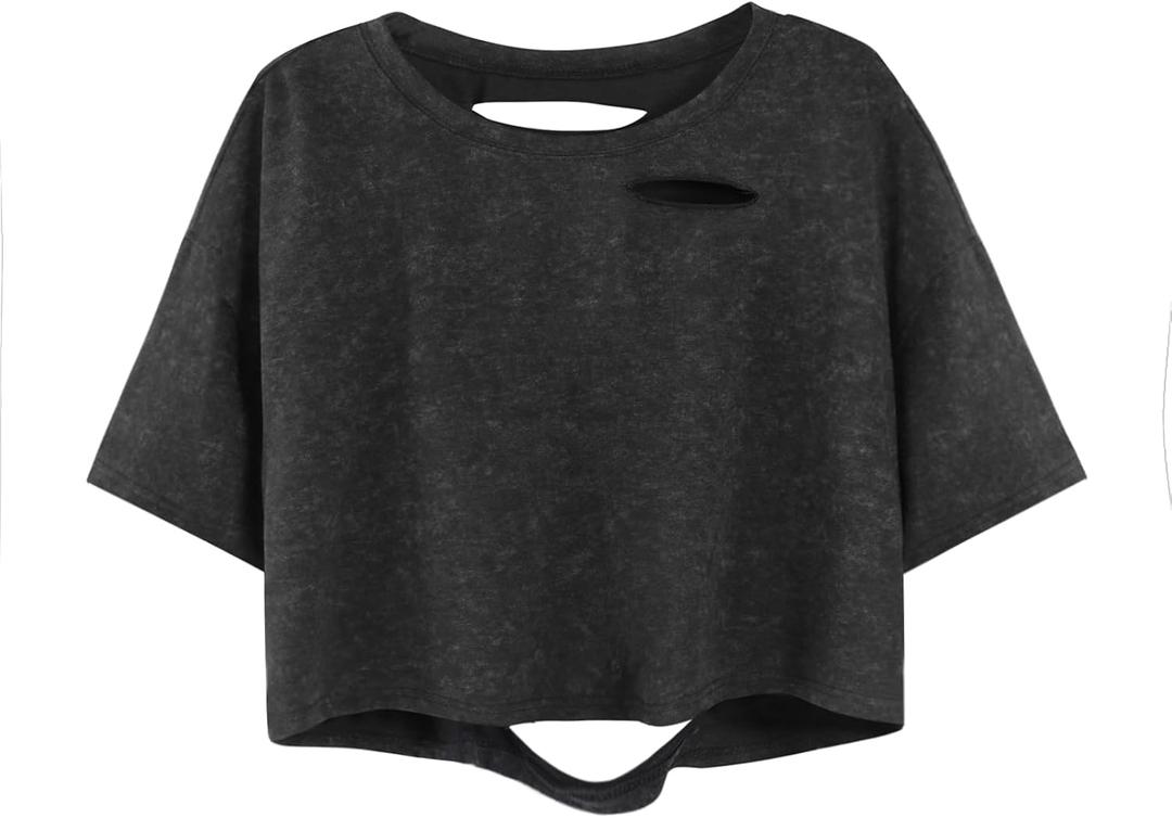 SOFIA'S CHOICE Women Oversized Short Sleeve Crop Top Ripped Distressed Tee Shirts Vintage Boxy Acid Wash Tshirt (M)