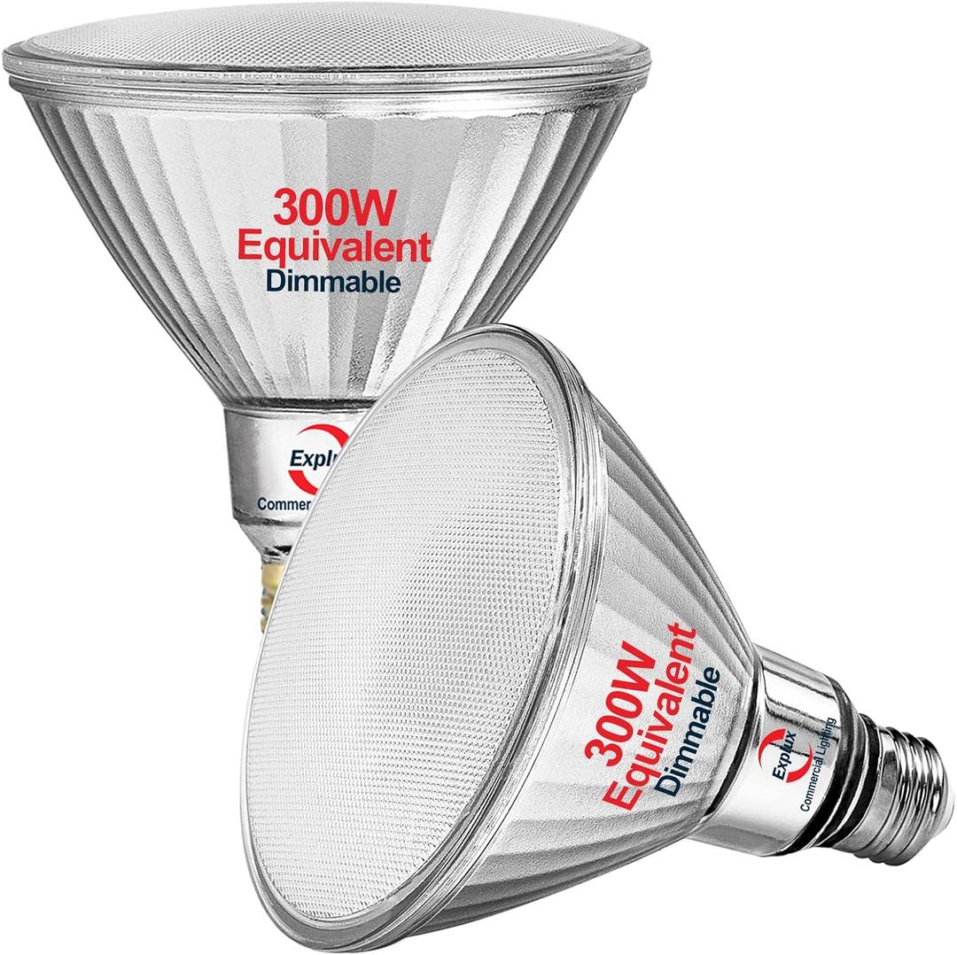 Explux 300 Watt Equivalent PAR38 LED Flood Light Bulbs, Ultra Bright 3600 Lumens, Dimmable, Full-Glass Outdoor Waterproof & Anti-Ageing, 5000K Daylight Spotlight, 2-Pack