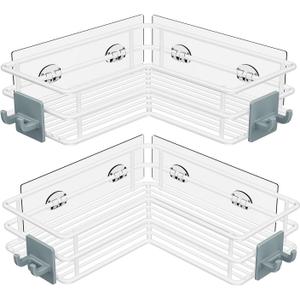 Nieifi Adhesive Corner Shower Caddy Shelf Basket Rack with Hooks, Rust Proof Stainless Steel Bathroom Shelf Shampoo Holder No Drilling (White)