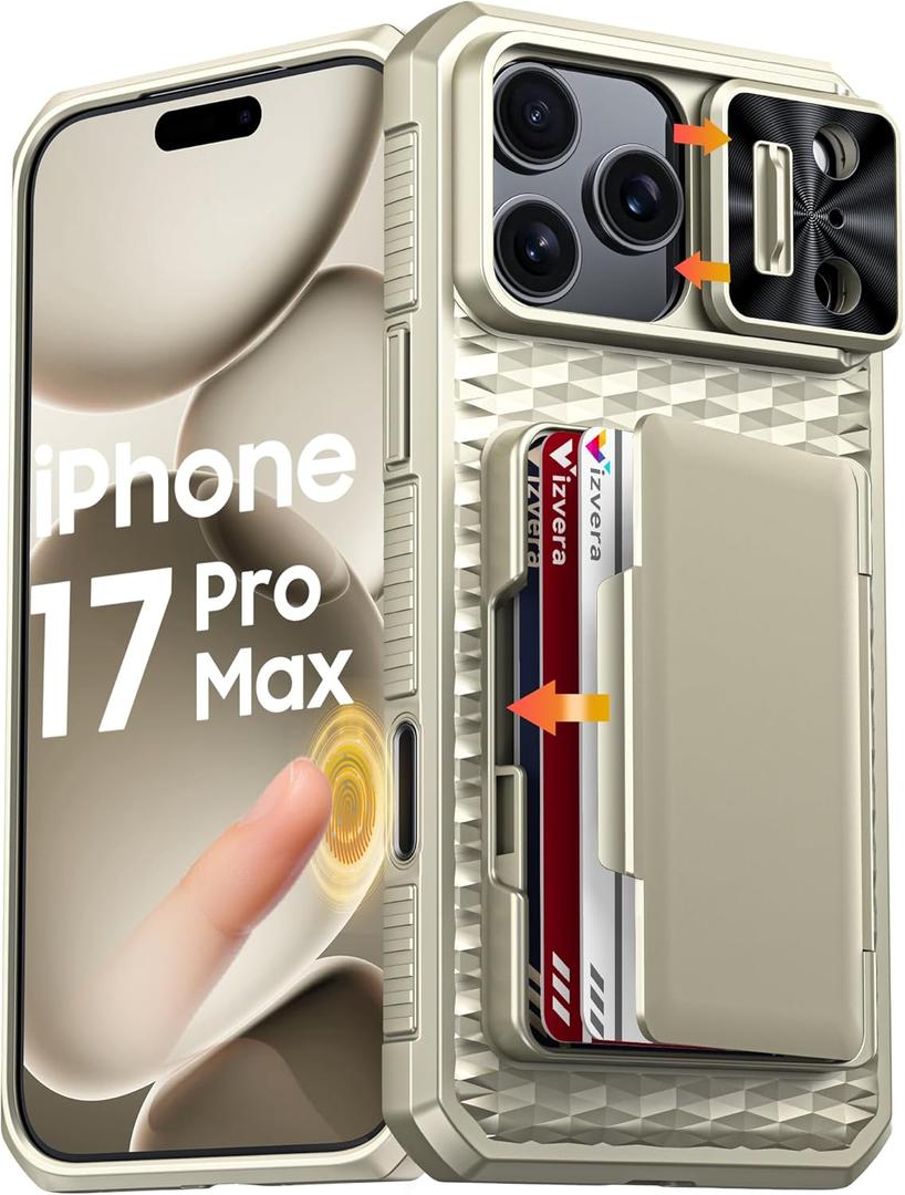 Vizvera for iPhone 17 Pro Max Case Wallet RFlD [Cards Holder[Camera Controll[Camera Cover] Full Body Rugged Shockproof Silicone Protective Phone Case for iPhone 17 Pro Max 6.9'' 2025(Natural Titanium)