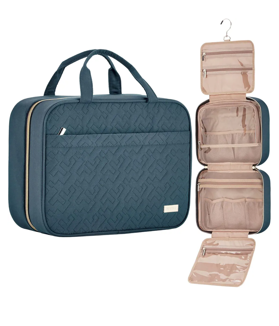 NISHEL Travel Toiletry Bag for women, Portable Hanging Organizer for Full-Sized Shampoo, Conditioner, Brushes Set, Makeup Accessories, Large Size, Lake-Blue