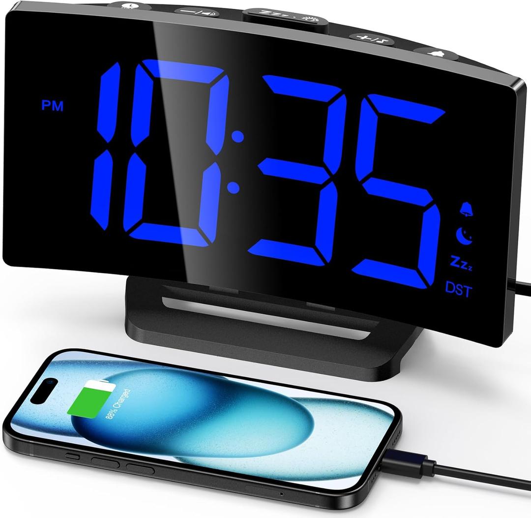 GOLOZA Digital Alarm Clock for Bedrooms, Digital Clock with Modern Curved Design, Conspicuous Blue LED Numbers, 5 Levels Brightness+Off, 2 Volume, 3 Alarm Tones, Snooze, Power-Off Memory, 12/24H