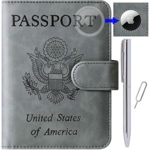 Airtag Passport Holder Cover Wallet Travel Essentials Leather Rfid Blocking Case Vacation Luggage Must Haves Travel Accessories for Men Women (117#Grey)
